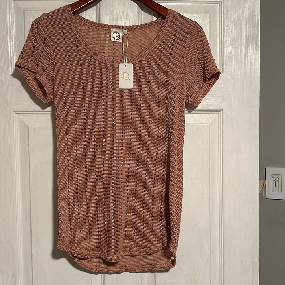 Short sleeve pink top with crystal type studs